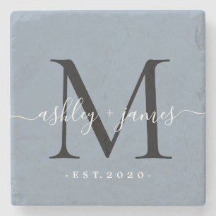Chic Monogram Script Name Wedding Date Dusty Blue Steinuntersetzer
