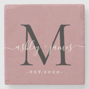 Chic Monogram Script Name Wedding Date Dusty Rose Steinuntersetzer
