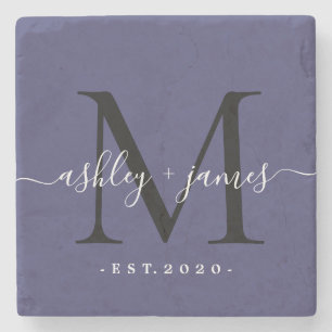 Chic Monogram Script Namen Wedding Date Navy Blue Steinuntersetzer