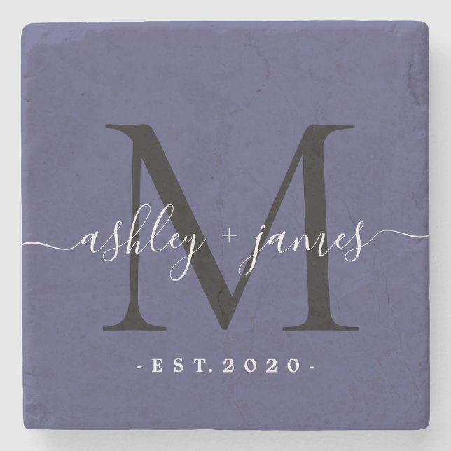 Chic Monogram Script Namen Wedding Date Navy Blue Steinuntersetzer (Vorderseite)
