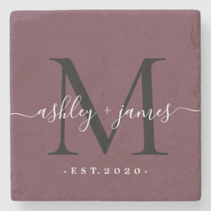 Chic Monogram Script Names Wedding Date Burgundy Steinuntersetzer
