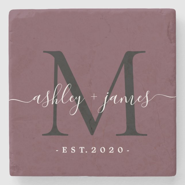 Chic Monogram Script Names Wedding Date Burgundy Steinuntersetzer (Vorderseite)