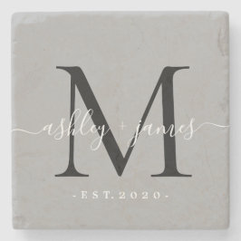 Chic Monogram Script Names Wedding Date Gray Steinuntersetzer