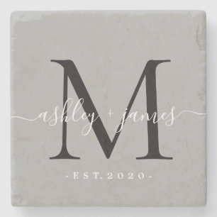 Chic Monogram Script Names Wedding Date Gray Steinuntersetzer