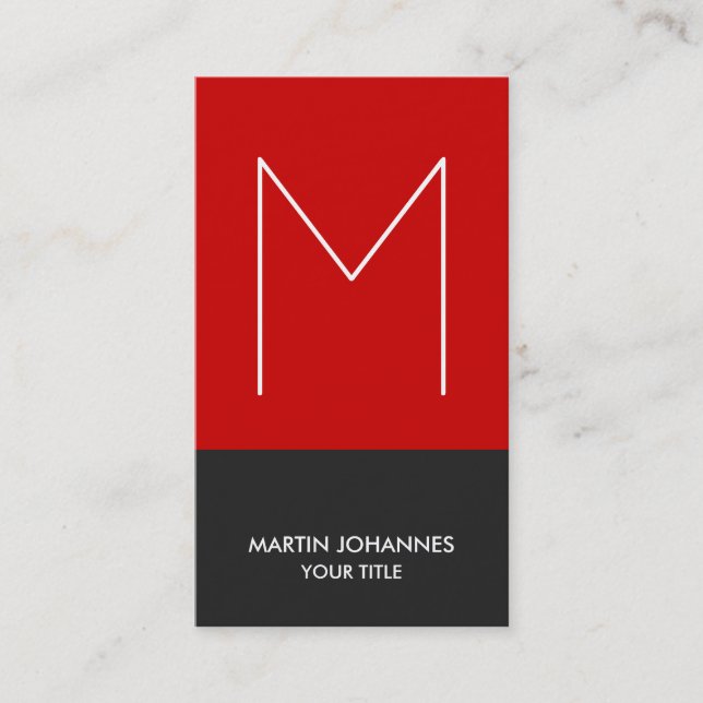 Chic Monogram Vertikal Red Gray Business Card Visitenkarte (Vorderseite)