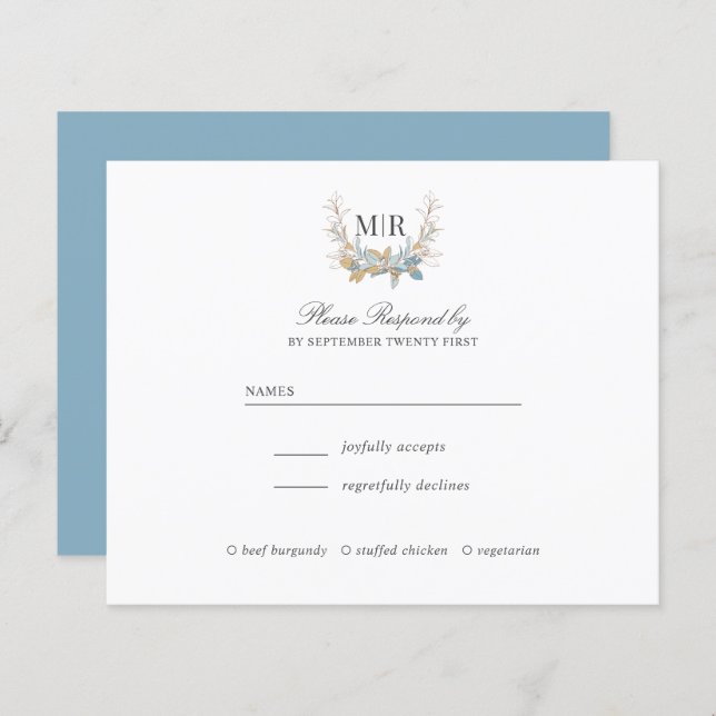Chic Monogram Wappen Gold und Blue Wedding RSVP (Vorne/Hinten)
