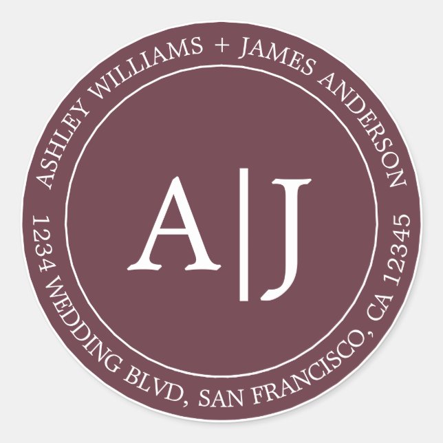 Chic Monogram Wedding Rücksendeadresse Burgundy Runder Aufkleber (Vorderseite)