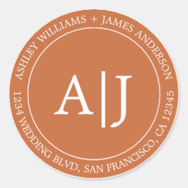 Chic Monogram Wedding Rücksendeadresse Burnt Orang Runder Aufkleber