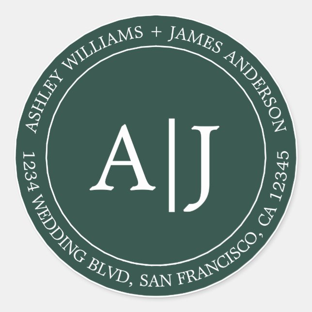 Chic Monogram Wedding Rücksendeadresse Dunkelgrün Runder Aufkleber (Vorderseite)