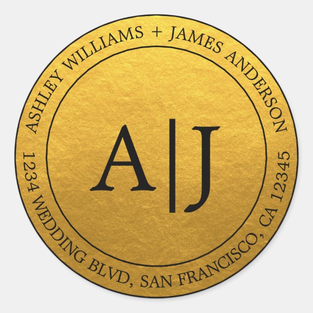 Chic Monogram Wedding Rücksendeadresse Gold Runder Aufkleber (Vorderseite)