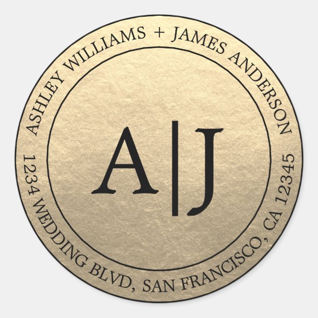 Chic Monogram Wedding Rücksendeadresse Gold Runder Aufkleber (Vorderseite)