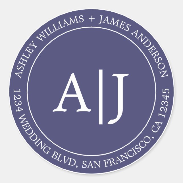 Chic Monogram Wedding Rücksendeadresse Navy Blue Runder Aufkleber (Vorderseite)