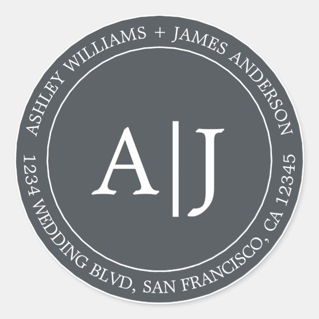 Chic Monogram Wedding Rücksendeadresse Off-Black Runder Aufkleber (Vorderseite)