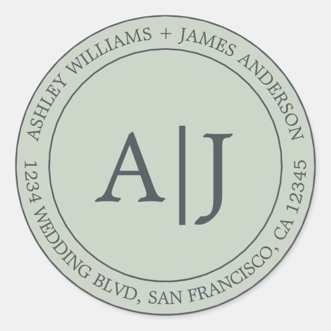 Chic Monogram Wedding Rücksendeadresse Pastel Gree Runder Aufkleber (Vorderseite)