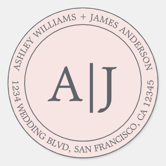 Chic Monogram Wedding Rücksendeadresse Pastel Pink Runder Aufkleber (Vorderseite)