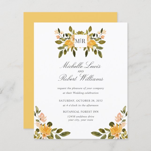 Chic Monogram Yellow Green Flororal Wedding (Vorne/Hinten)