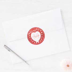 Chic-Monogramm-korallenrotes Glitzer Bokeh Runder Aufkleber