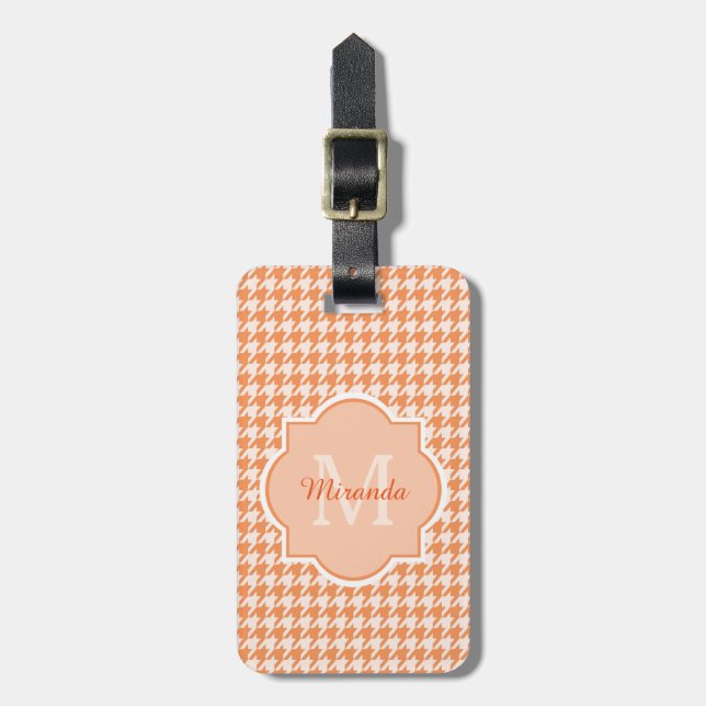 Chic-Monogramm-orange Hahnentrittmuster mit Namen Gepäckanhänger (Vorderseite vertikal)