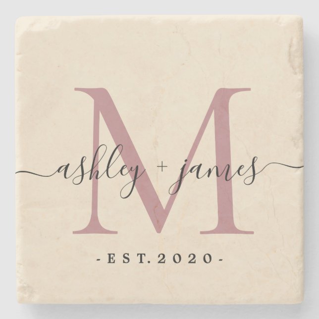 Chic Monogramm Schrift Namen Hochzeitsdatum Elfenb Steinuntersetzer (Vorderseite)