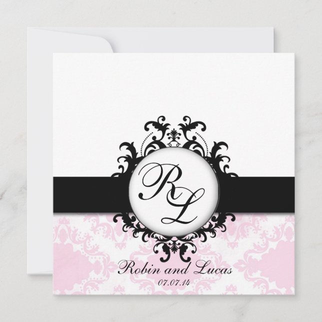 Chic Monogramme Hochzeit Einladende weiße rosa Dam Einladung (Vorderseite)
