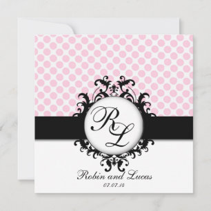 Chic Monogramme Hochzeitsrosa Polka-Punkte Einladung