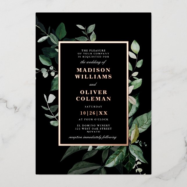 Chic Moody Botanical Frame Wedding REAL Folieneinladung (Vorderseite)