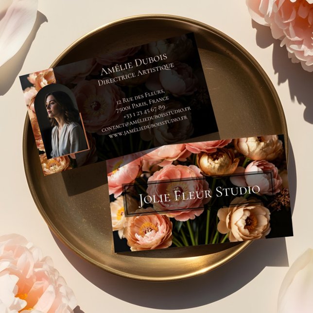 Chic Moody Elegant Peony Luxury Feminine Photo Visitenkarte (Chic Moody Elegant Peony Luxury Feminine Photo Business Card)