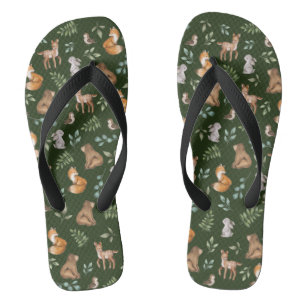 Chic Moody Green Wald Tiere Bären Hirsch Flip Flops