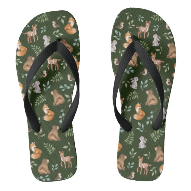 Chic Moody Green Wald Tiere Bären Hirsch Flip Flops (Fußbett)