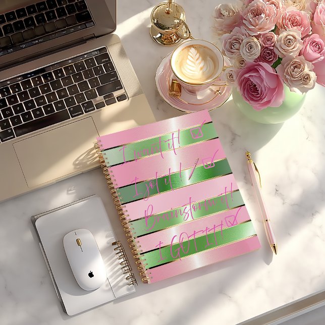 Chic Motivational Striped Pink and Green Quote  Planer (Chic Motivational Quote Pink and Green Striped Planner/Glossy Soft Cover (pictured) or Matte Hard )