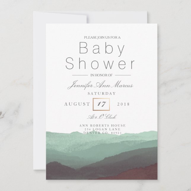 Chic Mountain Watercolor | Pastel Baby Dusche Einladung (Vorderseite)