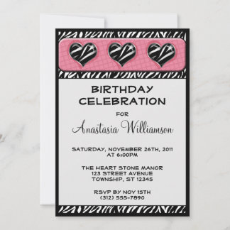 Chic My Heart Zebra Print Pink Birthday Einladung
