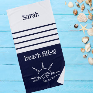 Chic Name Navy Blue Stripes Ocean Strandtuch