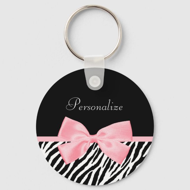 Chic Name Zebra Print Soft Girly Light Pink Ribbon Schlüsselanhänger (Vorderseite)