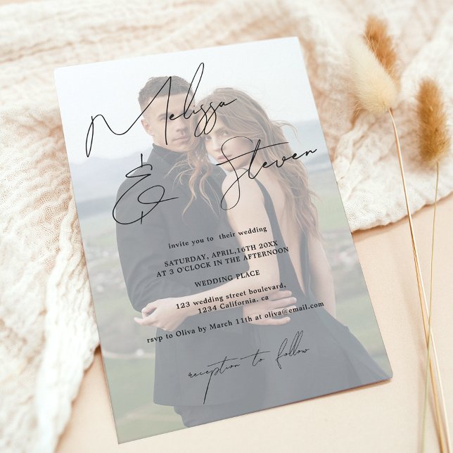 Chic Names Skript Kalligrafie Foto Hochzeit Einladung (Chic names script calligraphy photo wedding invitation black on white)