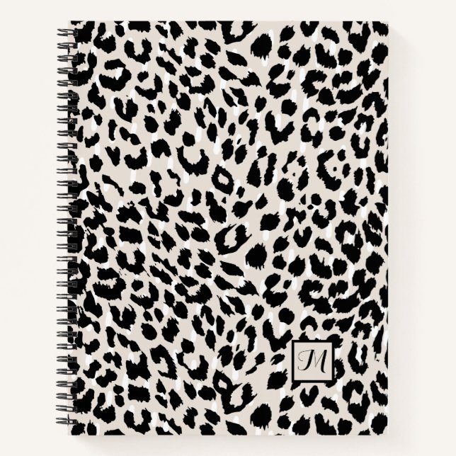 Chic Natural and Black Animal Print mit Monogram Notizbuch (Vorderseite)