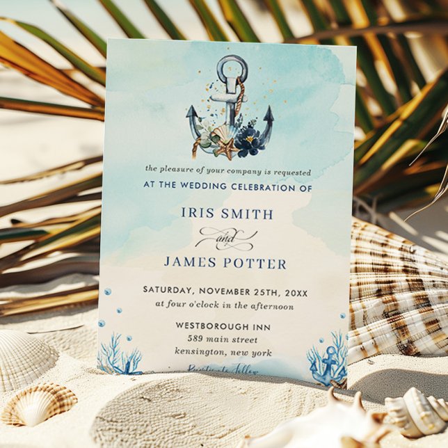 Chic Nautical Anchor Beach Moderne Hochzeit Einladung (nautical anchor beach destination wedding printed invitation cards blue ocean sand seashore)