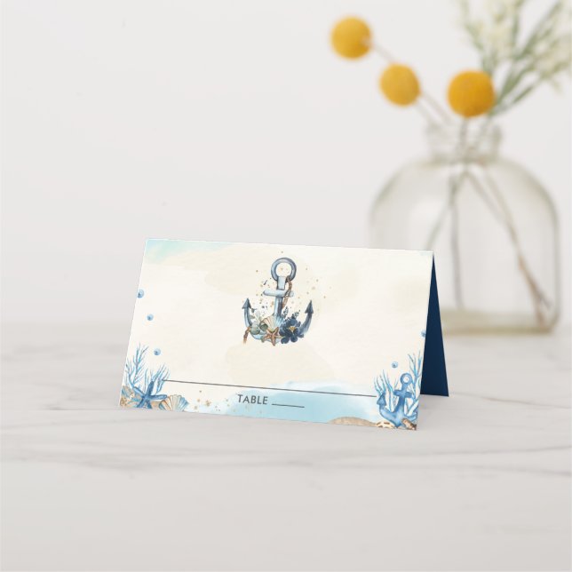 Chic Nautical Anchor Beach Moderne Hochzeit Platzkarte (Vorderseite)