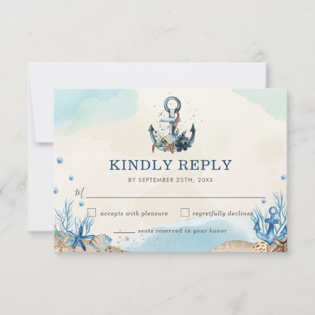 Chic Nautical Anchor Beach Moderne Hochzeit RSVP Karte (Vorderseite)