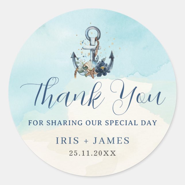 Chic Nautical Anchor Modern Beach Wedding Runder Aufkleber (Vorderseite)