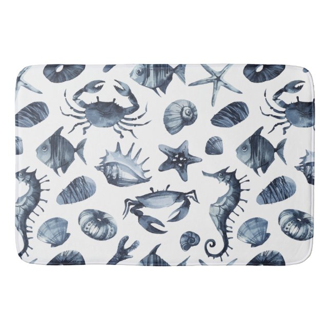 Chic Nautical Blue Seashell Seepferd Seesterkrabbe Badematte (Vorderseite)
