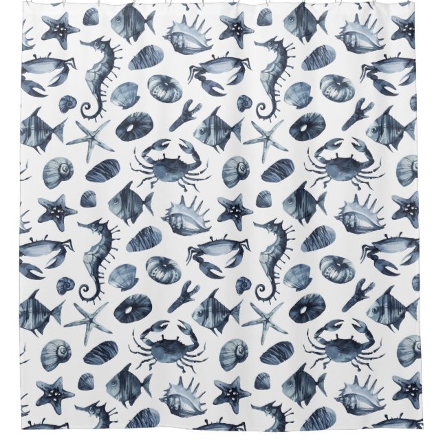 Chic Nautical Blue Seashell Seepferd Seestreifenkr Duschvorhang (Vorderseite)