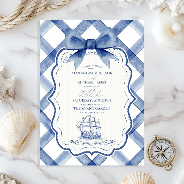 Chic Nautical Navy Blue Bow Wedding Einladung (Von Creator hochgeladen)
