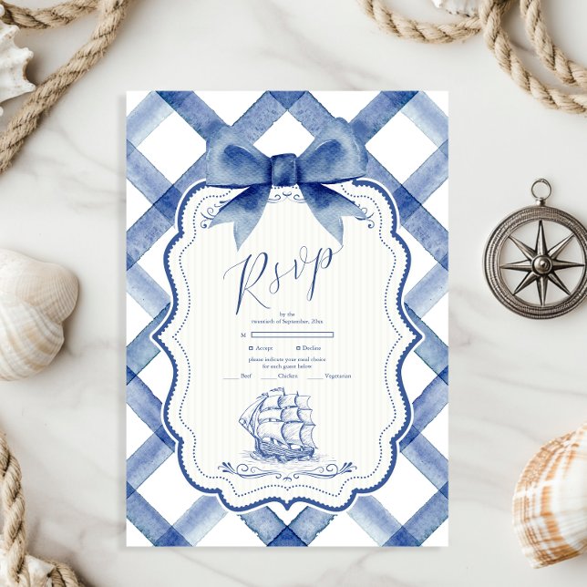 Chic Nautical Navy Blue Bow Wedding RSVP Karte (Von Creator hochgeladen)