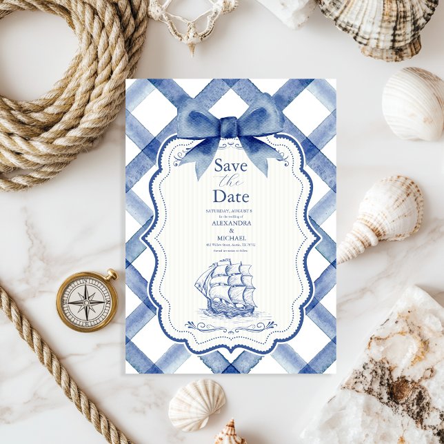 Chic Nautical Navy Blue Bow Wedding Save The Date (Von Creator hochgeladen)