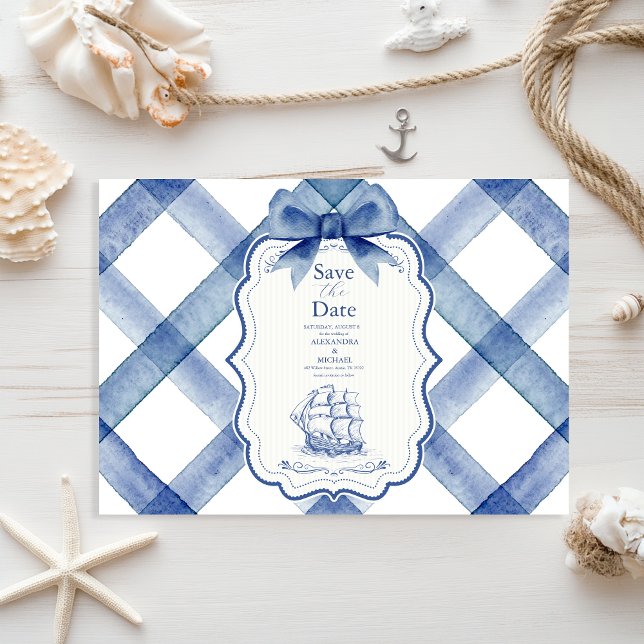 Chic Nautical Navy Blue Bow Wedding Save The Date (Von Creator hochgeladen)