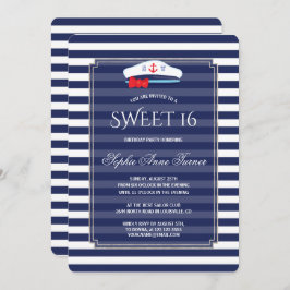 Chic Nautical Navy Stripes Silver Sweet 16 Party Einladung