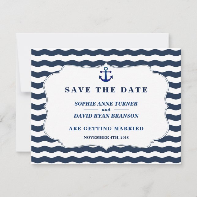 Chic Nautical Navy Waves Anchor Wedding Save The Date (Vorderseite)