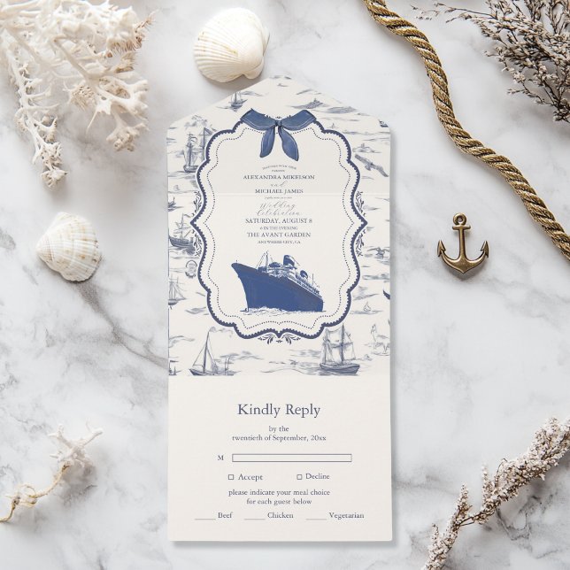 Chic Nautical Toile de Jouy Bow Wedding All In One Einladung (Von Creator hochgeladen)