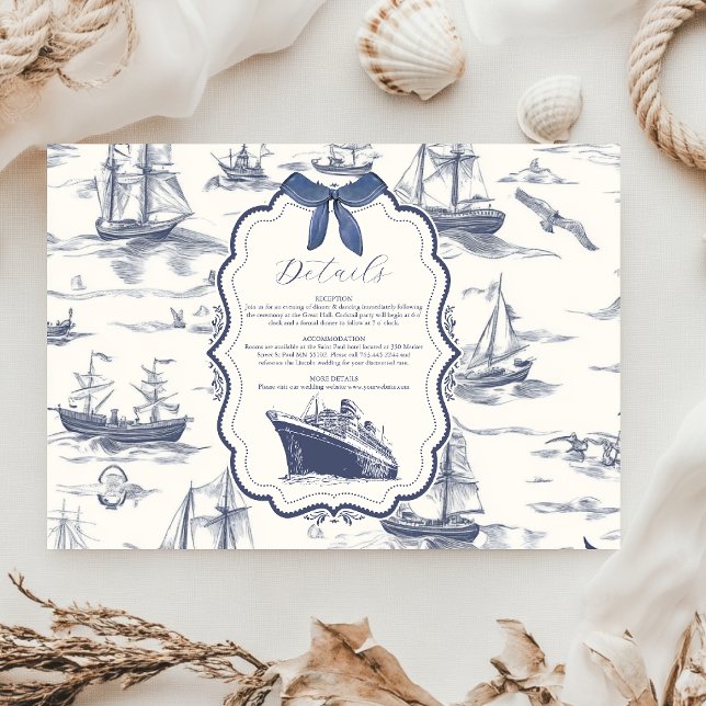 Chic Nautical Toile de Jouy Bow Wedding Begleitkarte (Von Creator hochgeladen)